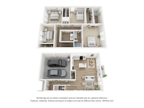 A 3D floor plan of a house with two bedrooms, a living room, a kitchen, a bathroom, and a garage.